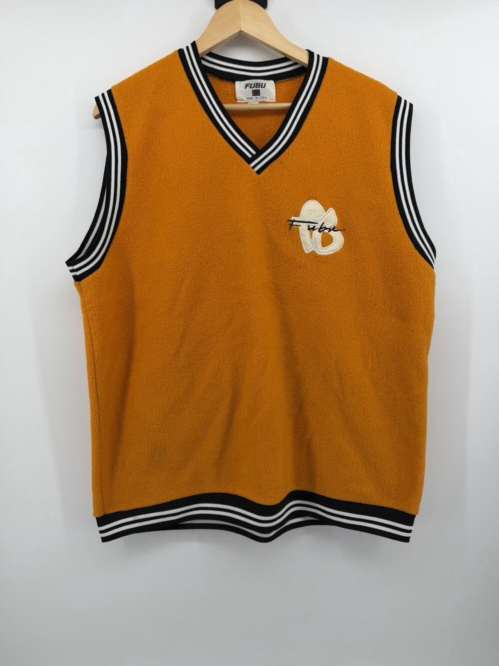 Vintage FUBU Fleece Vest Made USA Orange Black V Neck Hip Hop Mens XL